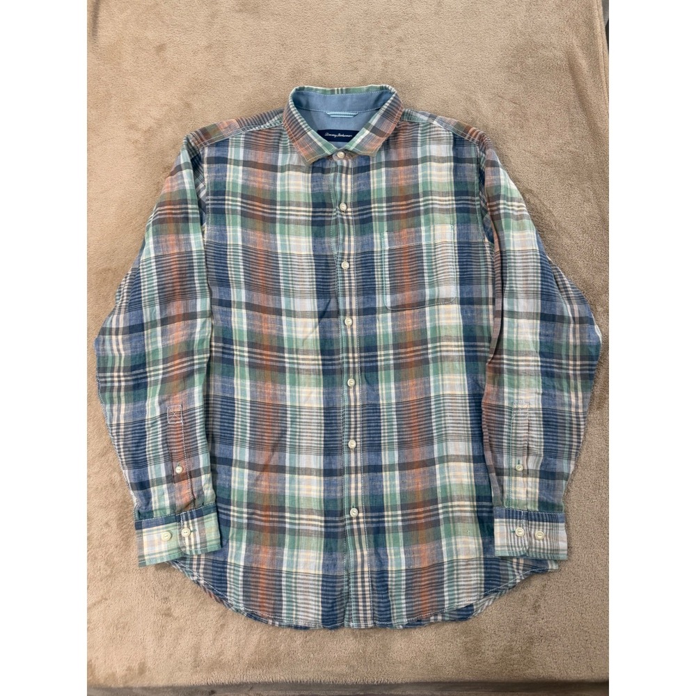 Tommy Bahama shirt mens large Green 100% Linen Plaid Chekerd Long sleeve EUC